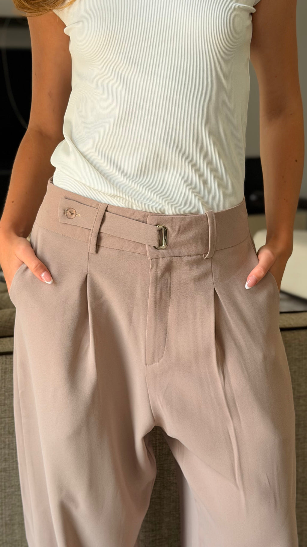 High-Waisted Wide - Leg Pants Beige